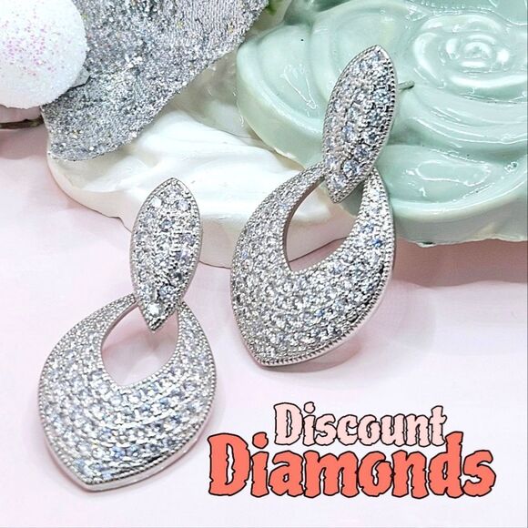 Dainty White Baguette Diamond Dangle Earrings 925 Silver - Picture 2 of 9